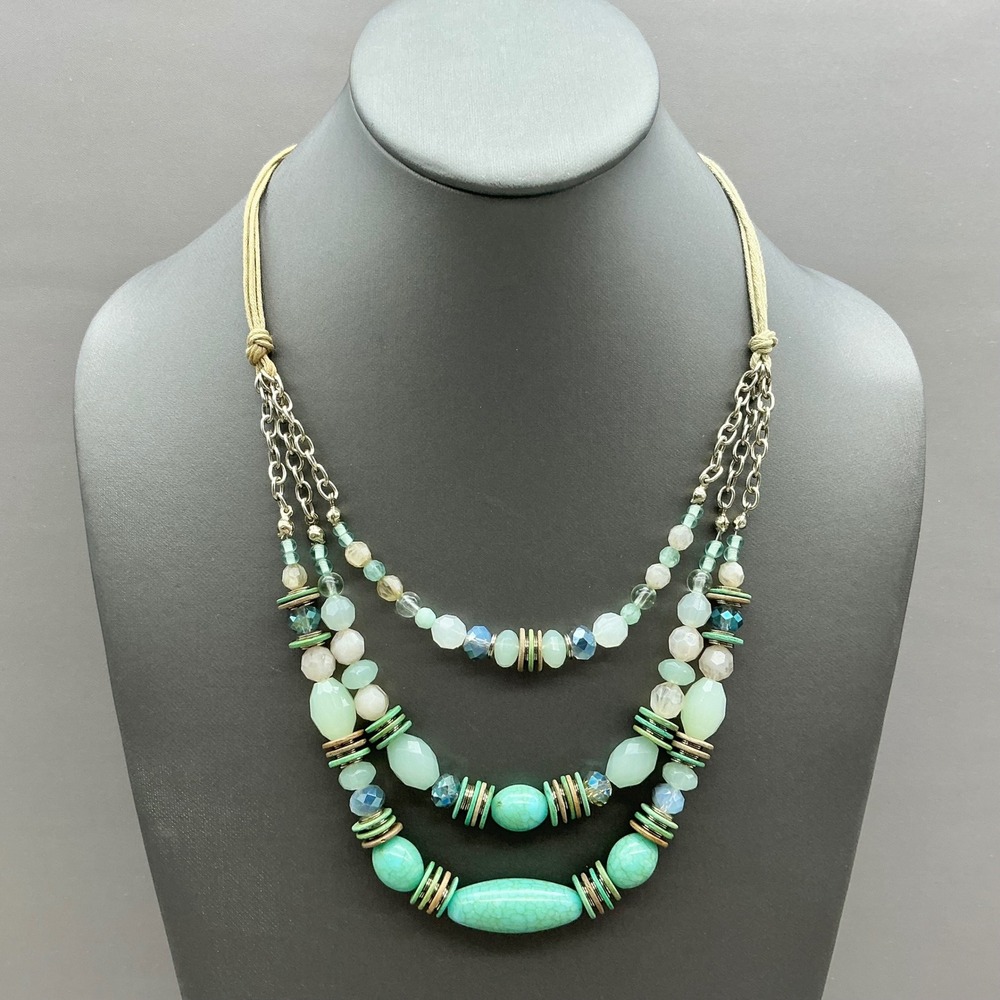 Chico's Necklace Womens Green Multi Strand Beaded Cord Faux Turquoise Boho Chic